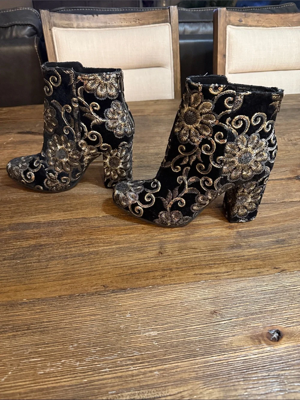 naughty monkey Black Velvet Embroidered Ankle Boots with Gold Sequin Detail